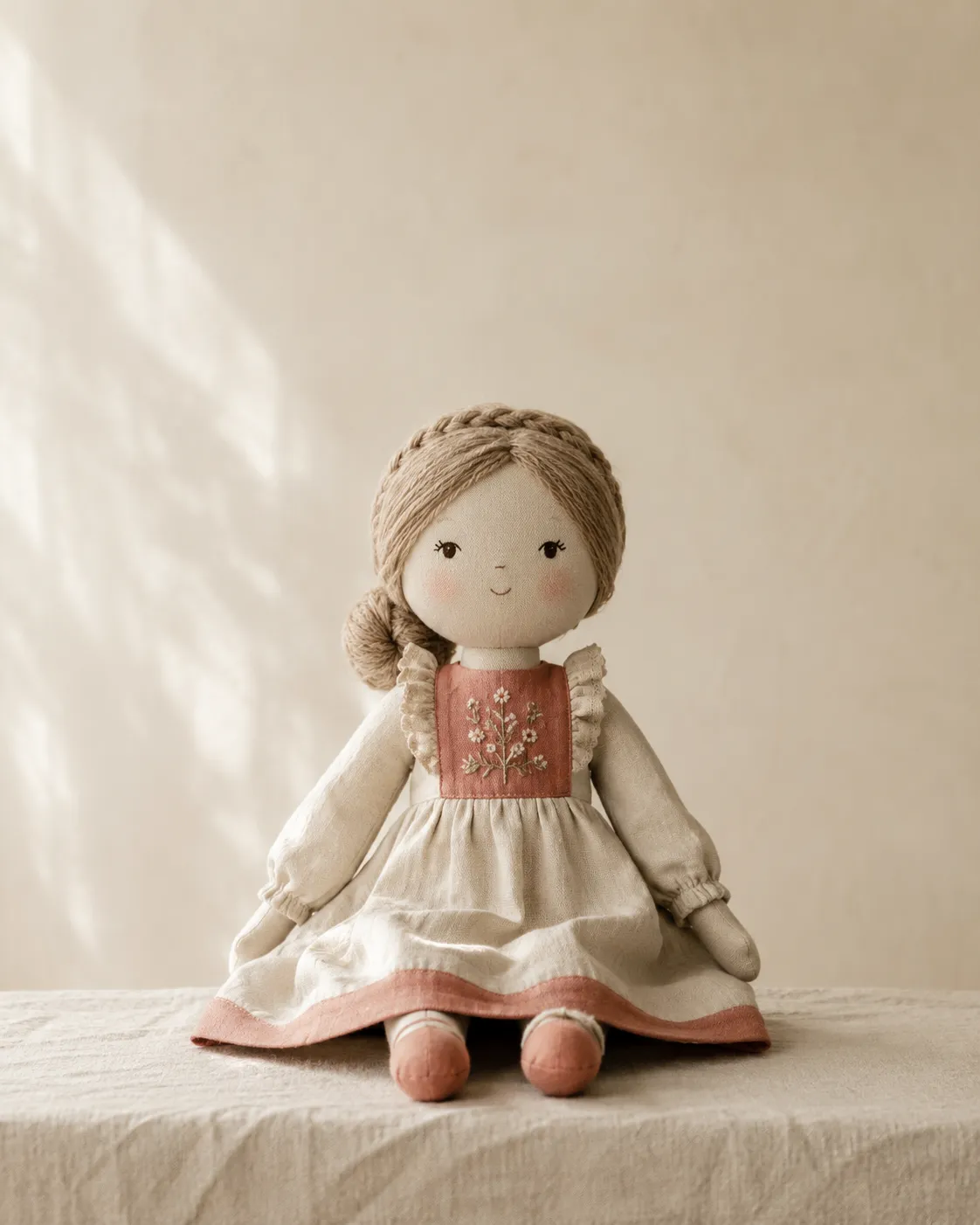 Handmade rag doll in a light cotton dress, seated against an ivory background