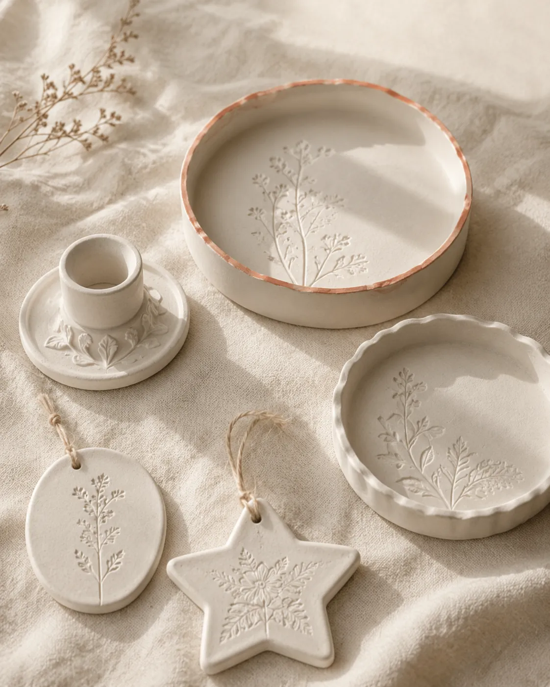 White plaster leaf with raised veins, moulded from a real leaf, against an ivory background