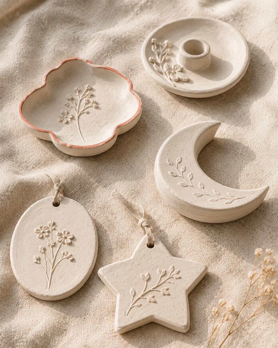 Four-pointed white plaster star with a matte handcrafted texture, against an ivory background