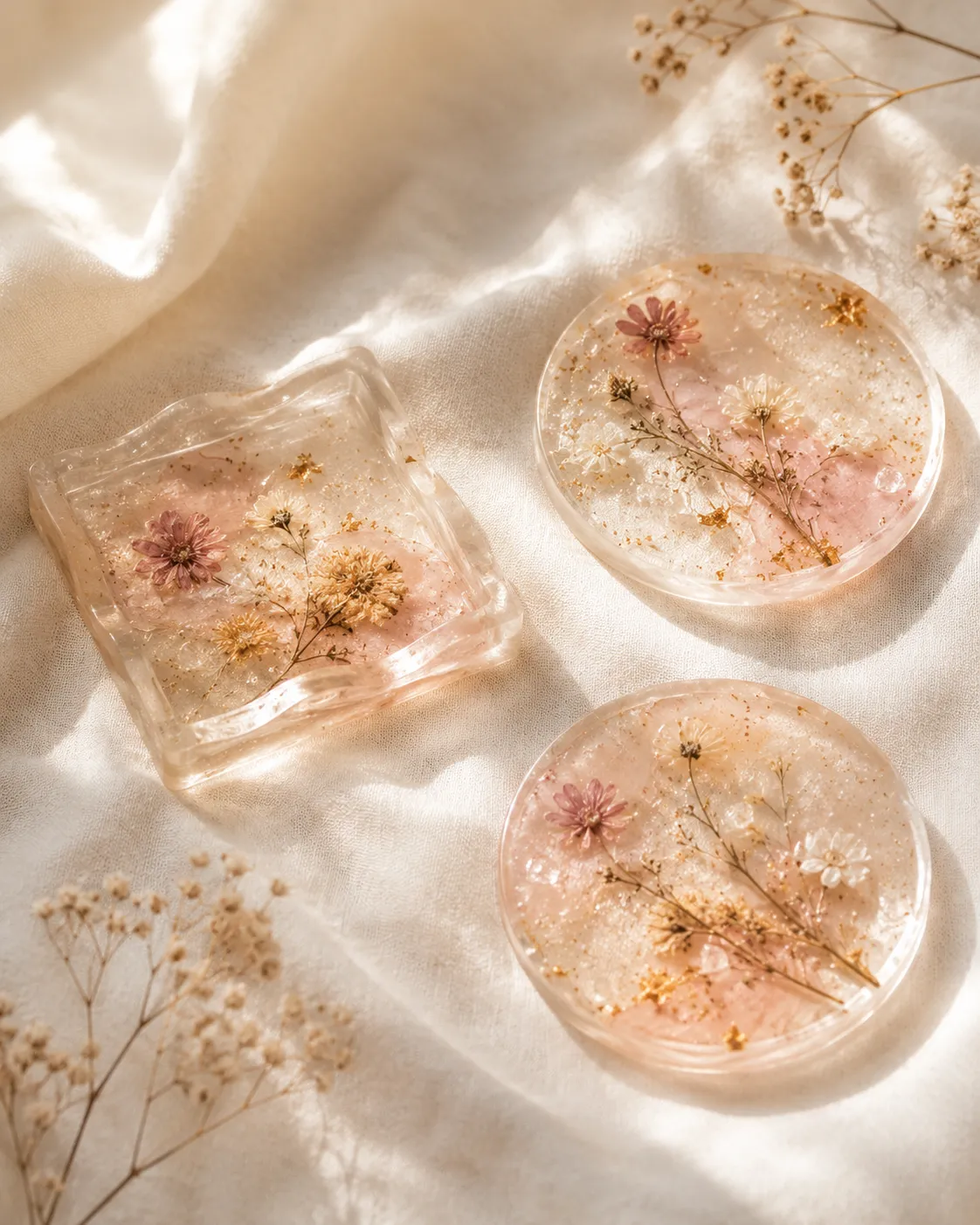Handmade resin tray with waves in blue and sand tones, resting against an ivory background