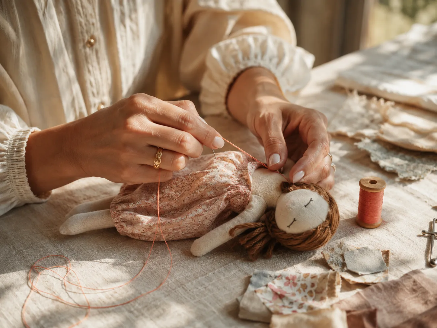 Lili's hands sewing a rag doll with coral thread, among fabric scraps and a spool, in the window light of the studio