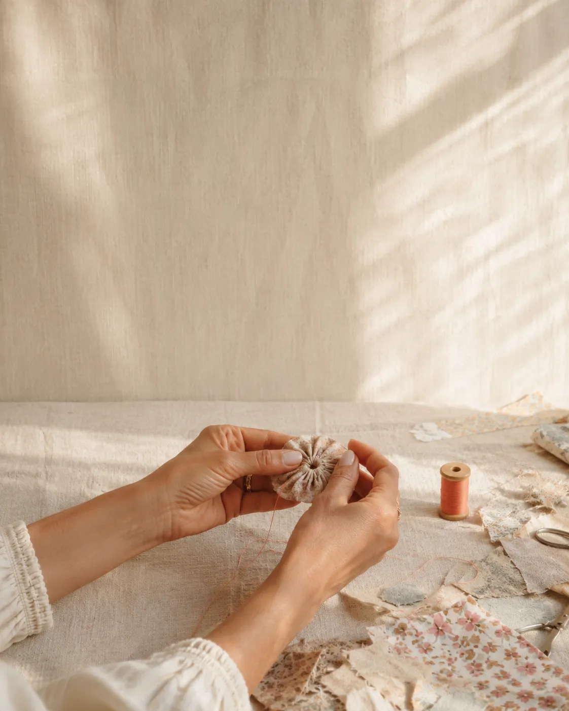Lili's hands shaping a fabric flower on the linen table, with scissors and scraps beside her