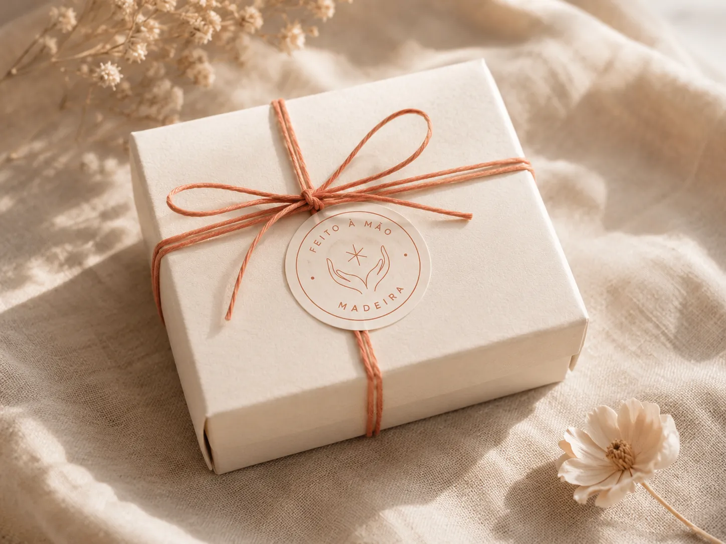 Ivory cardboard box tied with terracotta twine and closed with the round “feito à mão · Madeira” seal, resting on linen with dried flowers