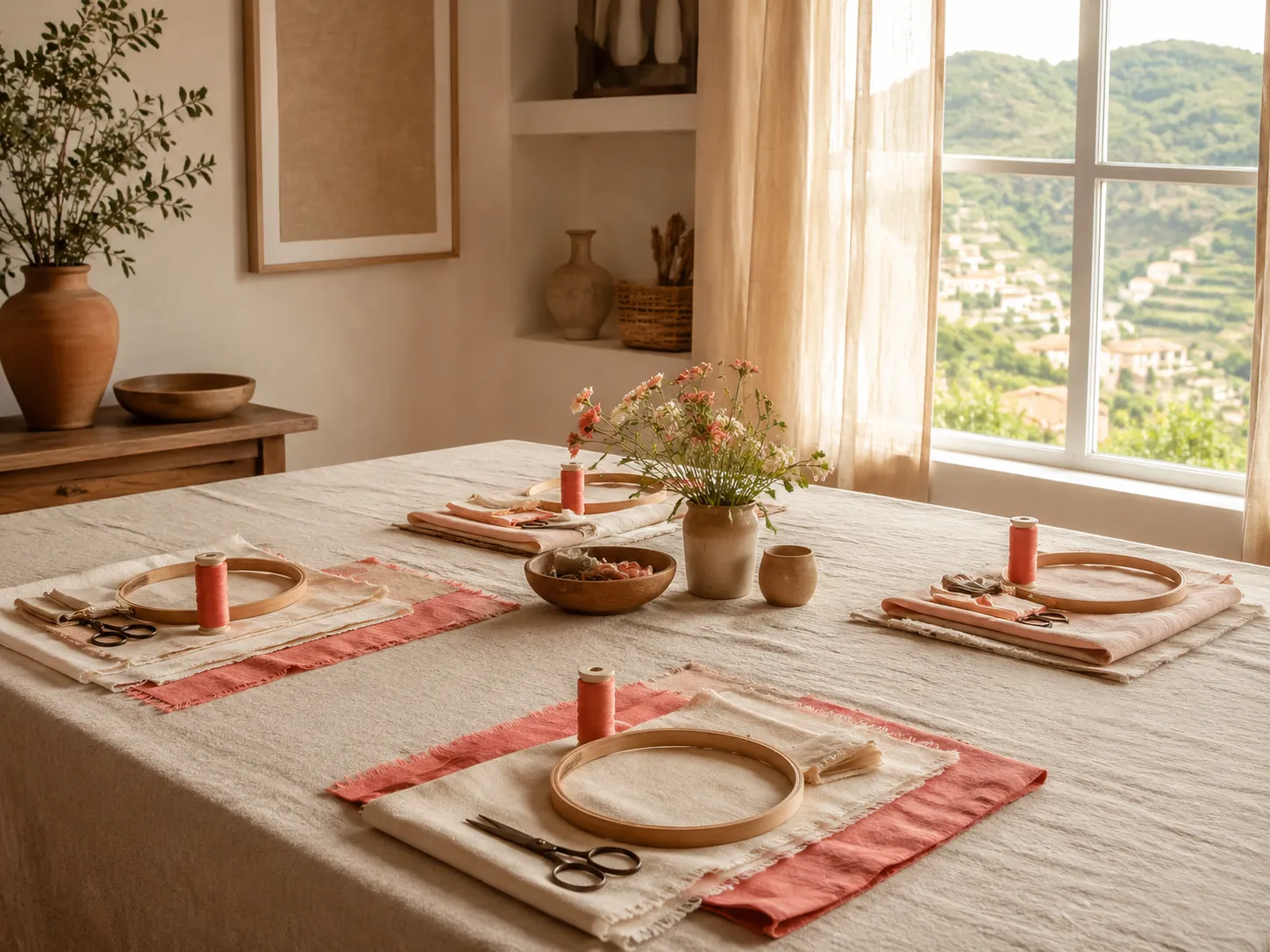 Mesa comprida de oficina com materiais de artesanato preparados para um grupo pequeno, em tons creme e coral